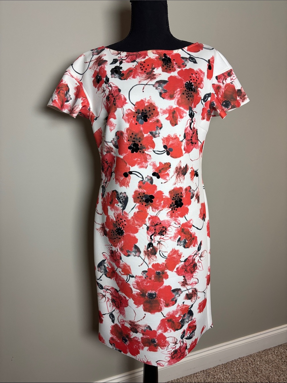 Rickie Freeman for Teri Jon White Midi Dress with Red Floral Print